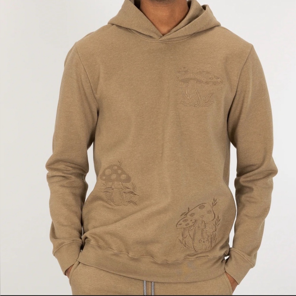 Blind Rooster Tan Hoodie with mushrooms embroidered